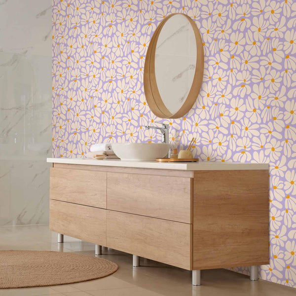 Tappezzeria murale - Cute Creamy Little Flowers - Small flowers with creamy - wind-blown petals on a blue background