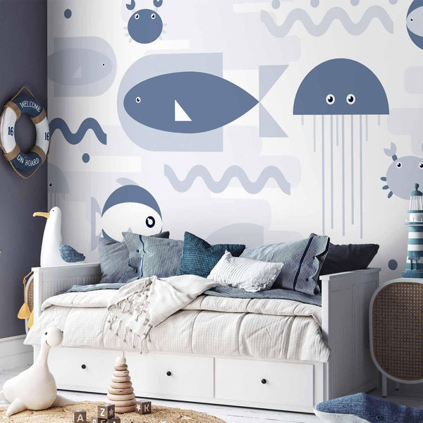 Carta da parati - Minimalist ocean - geometric fish and crabs in water for kids
