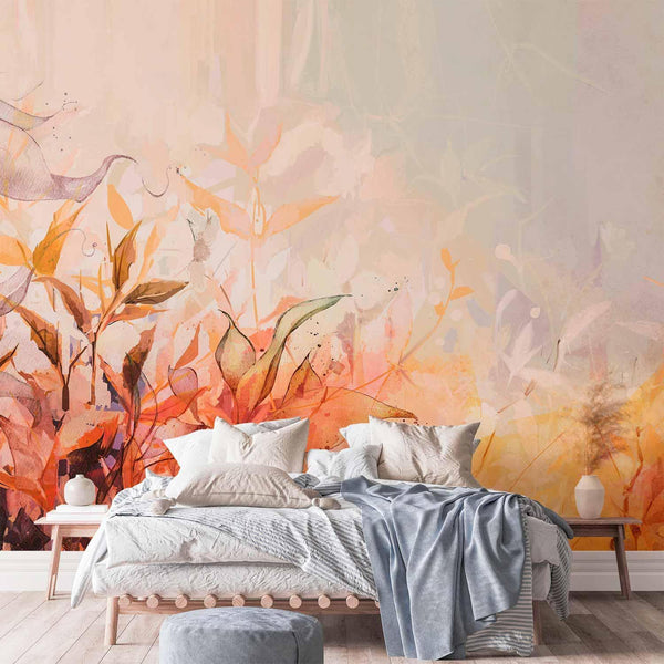 Carta da parati - Flaming meadow - nature landscape with meadow of flowers and leaves in watercolour style
