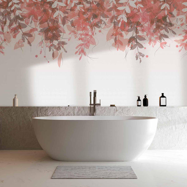 Carta da parati - Under vegetation - hanging vines of pink leaves on a neutral background