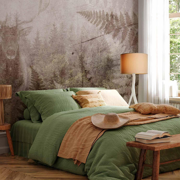Carta da parati - Forest motif - deer with antlers among fern leaves on concrete pattern