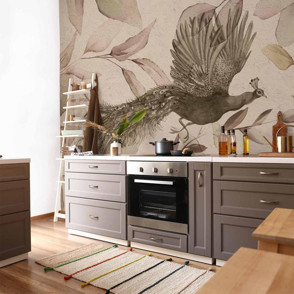 Carta da parati - Bird among the leaves - floral motif with a flying peacock in cool tones