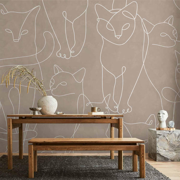 Carta da parati - Cat lineart - minimalist sketches of white cats on beige background