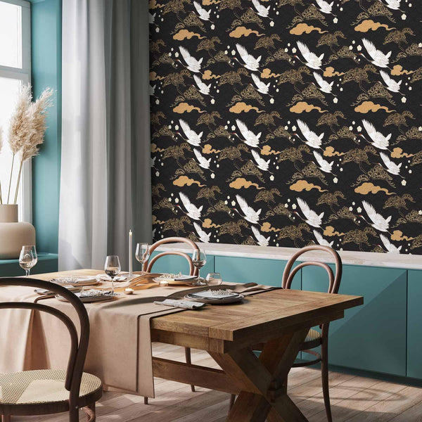 Tappezzeria murale - Oriental impressions - decorative pattern with a motif of flying cranes on a dark background