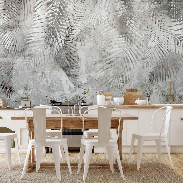 Carta da parati - Light and shadow - grey and white composition with floral motif and pattern