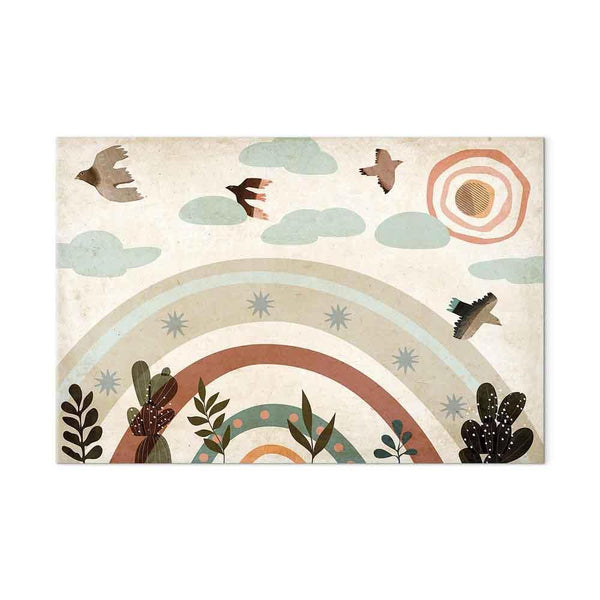 Quadro - Rainbow and Sun Above - Birds in Subdued Colors Flying Among Clouds Above a Rainbow and Various Plants on a Light Background