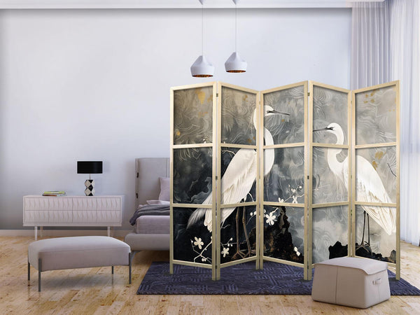 Paravento giapponese - Herons and cherry blossoms - oriental-style illustration depicting birds