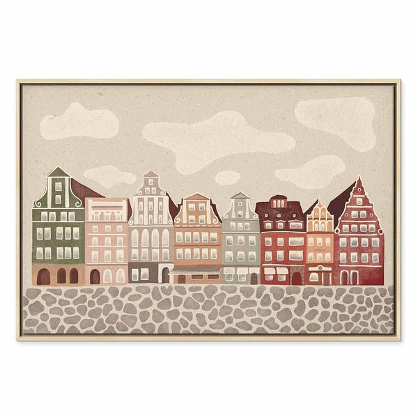 Quadro - Salt Square - Colorful Illustrated Townhouses Against a Cloudy Sky Background