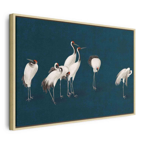 Quadro - Evening by the pond - a group of cranes drawn in dry pastel on a dark turquoise background