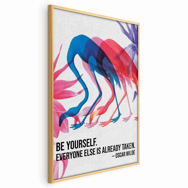 Poster - Colorful Repetition - three flamingo silhouettes with an inspiring quote