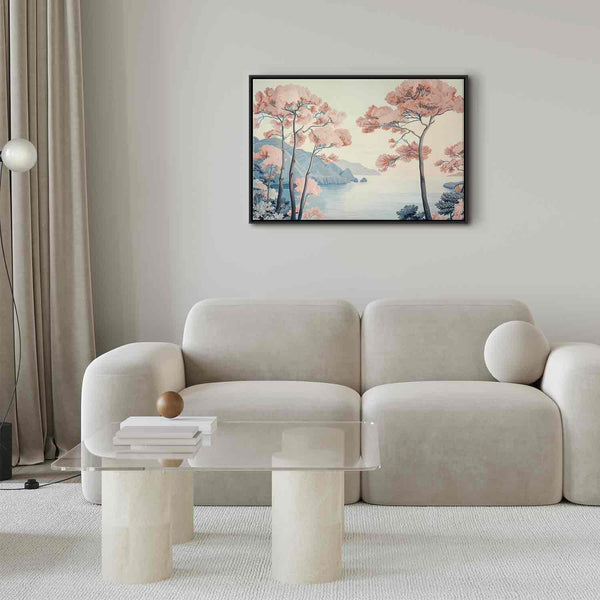 Quadro - Landscape with the Ocean Cliffs and Trees in Delicate Pink Shades