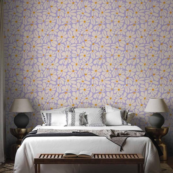 Tappezzeria murale - Cute Creamy Little Flowers - Small flowers with creamy - wind-blown petals on a blue background