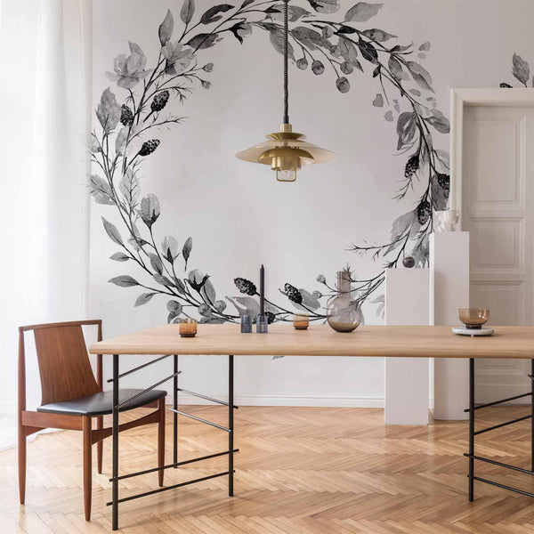 Carta da parati - Romantic wreath - grey plant motif with leaves with rose pattern