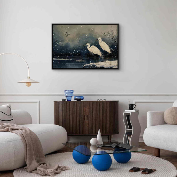 Quadro - Herons over a winter pond - Japanese-style illustration in dark colours