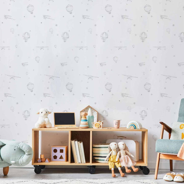 Tappezzeria murale - Watercolor - Airplanes and balloons painted on a white sky background