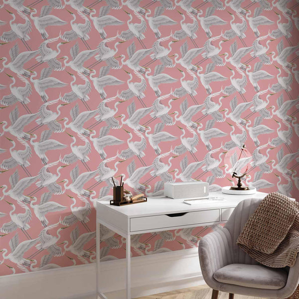 Tappezzeria murale - Pastel birds – a delicate pattern of white and grey herons on a light pink background