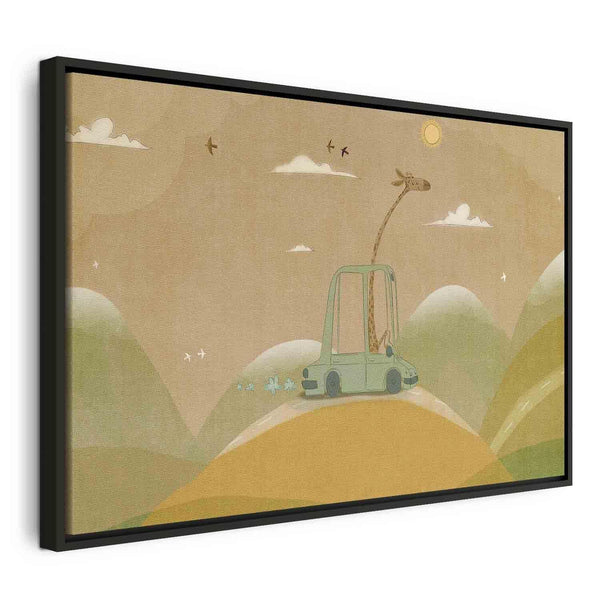Quadro - Dreamy Traveler - A Cheerful Giraffe Driving a Car on a Sunny Day