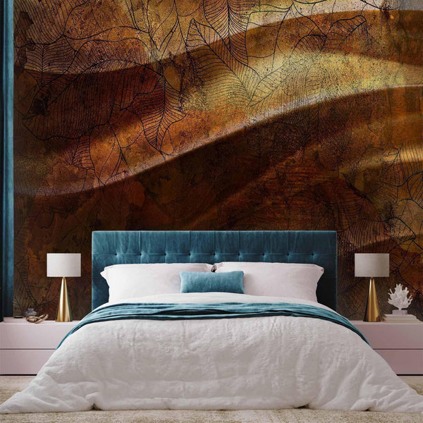 Carta da parati - Liquid gold - abstract wavy composition with leaf patterns