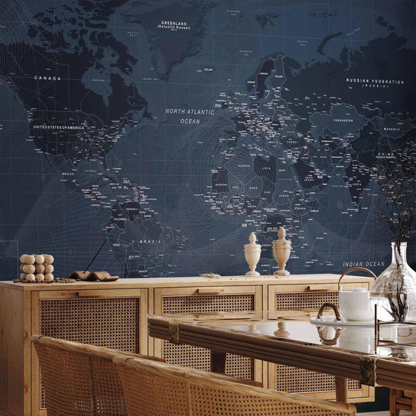 Carta da parati - World map in blue - continents with inscriptions in English