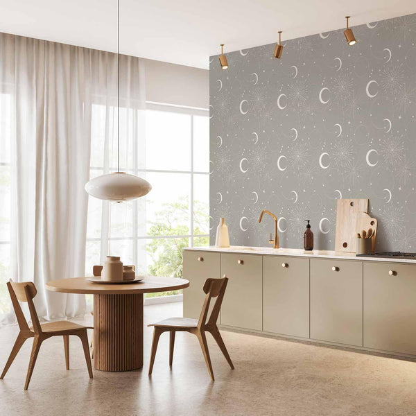 Tappezzeria murale - Cosmic Fireworks - Elegant pattern with moons and stars on a gray background
