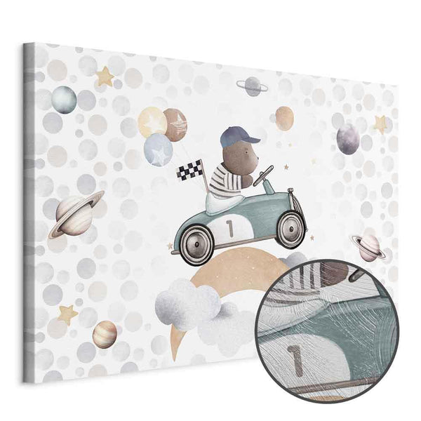 Quadro - Galactic Races - A Bear Participating in Car Races Among Planets Clouds and Stars in Pastel Hues