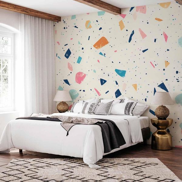 Carta da parati - Terrazzo with Multicolored Large Elements Cheerful Pattern on a Light Background