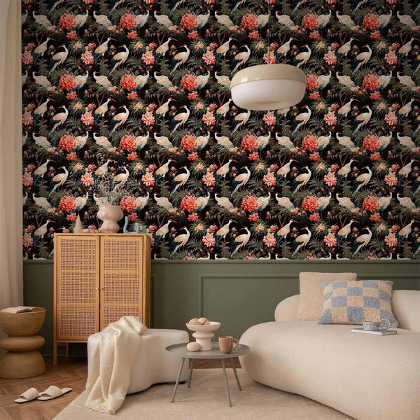Tappezzeria murale - Ornament with birds - silhouettes of cranes and peony flowers on a dark background
