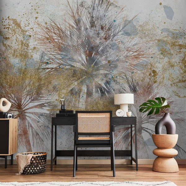 Carta da parati - Grey palms - plant motif in an abstract composition with patterns