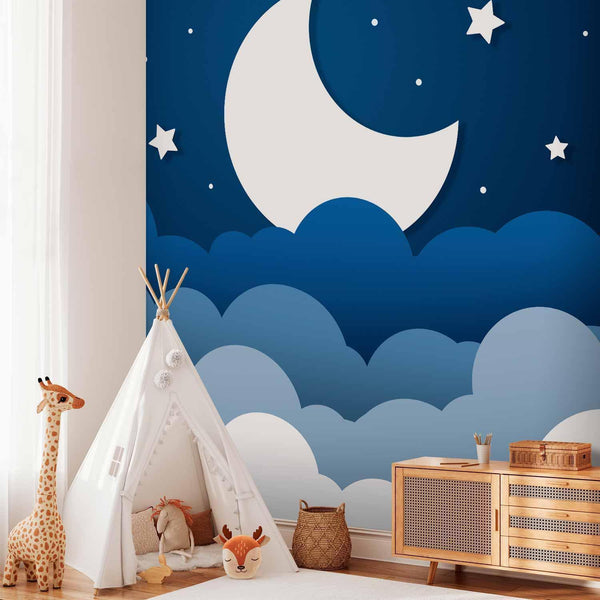 Carta da parati - Moon dream - clouds on a dark blue sky with stars for children