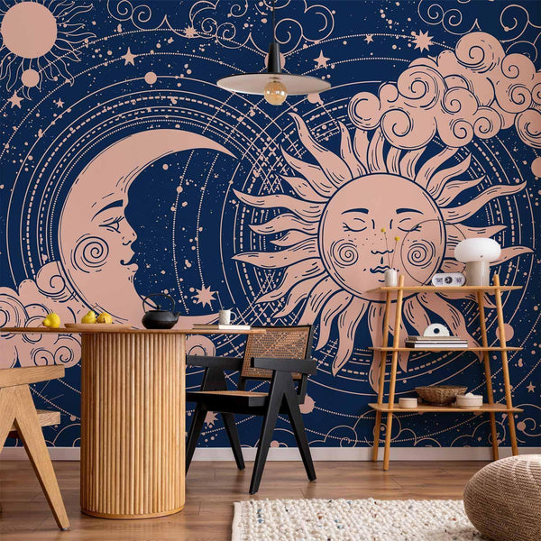 Carta da parati - Cosmic Harmony - Illustration of the Sun and Moon on a Navy Background