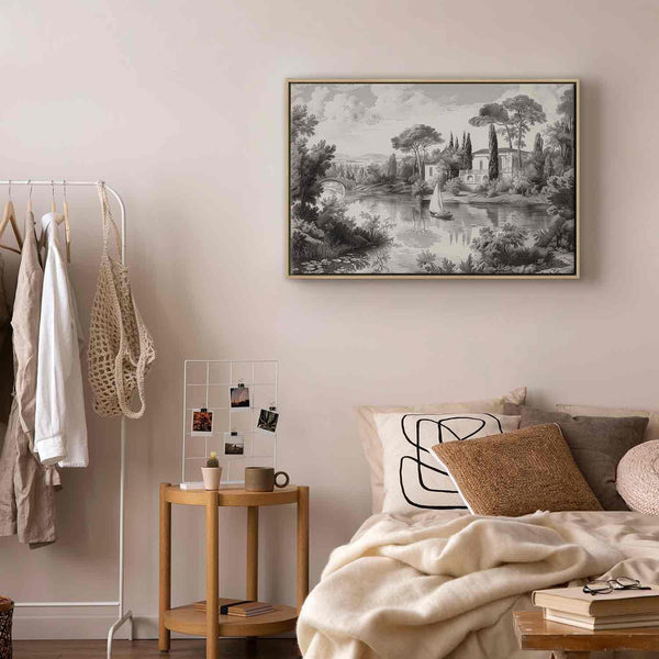 Quadro - Black and White Vintage Landscape Retro View of a Pond with a Boat