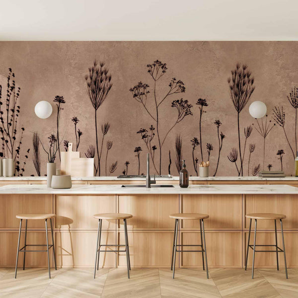 Carta da parati - Wildflowers – black plants on lime-wash background