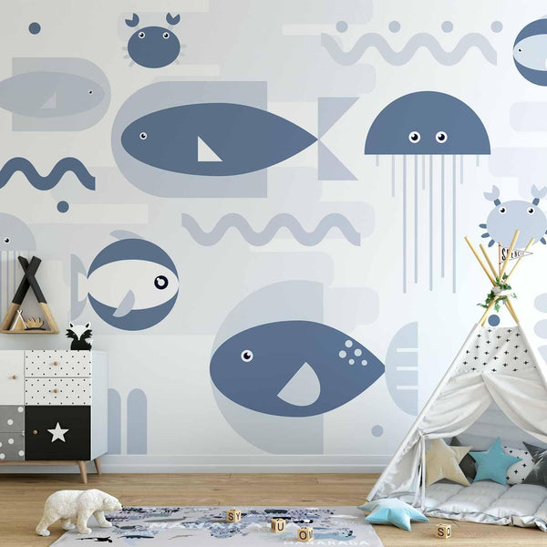 Carta da parati - Minimalist ocean - geometric fish and crabs in water for kids