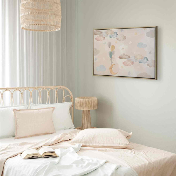 Quadro - Fairy-Tale Moon - Pastel Moon with Balloons Among Colorful Clouds and Stars in Subdued Colors on a Light Background