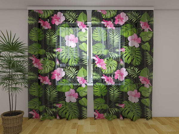 Foto Tende con Stampa Fiori Tropicali su Fondo Nero