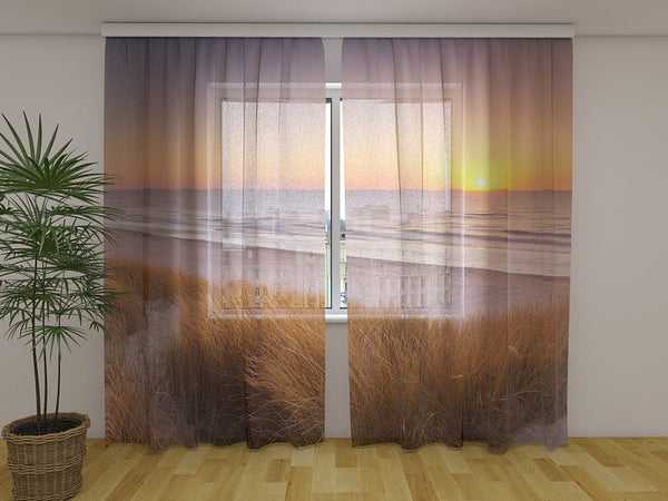 Foto Tende con Stampa Dune e Spiaggia al Tramonto nei Paesi Bassi