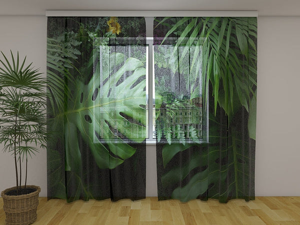 Foto Tende con Stampa Foglie Tropicali Verdi