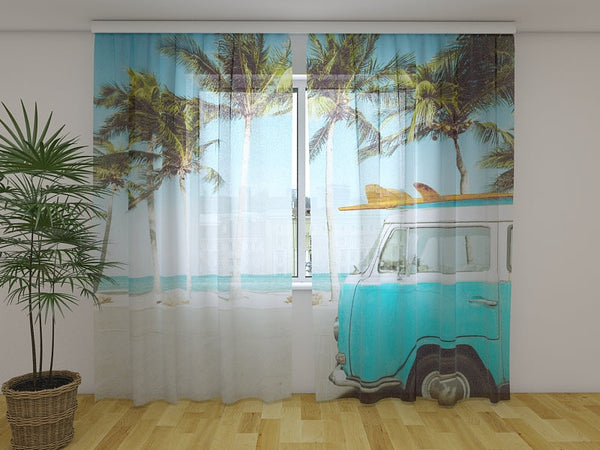 Foto Tende con Stampa Auto d'Epoca sulla Spiaggia Tropicale