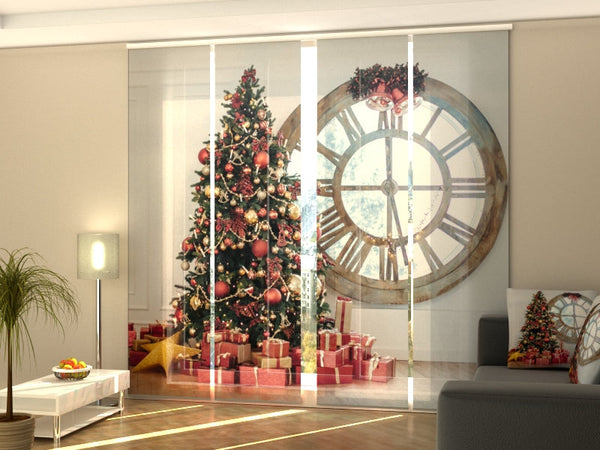 Set di 4 Tende a Pannello Albero Di Natale e Grande Orologio