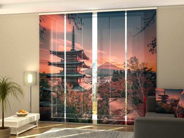 Set di 4 Tende a Pannello Montagna Fuji con la Pagoda Chureito