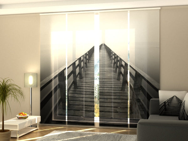 Set di 4 Tende a Pannello Percorso di Legno in Bianco e Nero