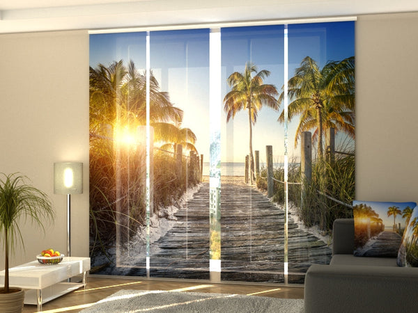 Set di 4 Tende a Pannello Sentiero di Legno alla Spiaggia al Tramonto