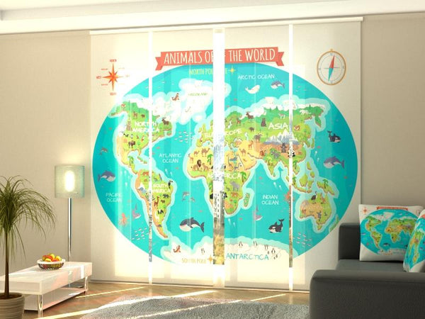 Set di 4 Tende a Pannello Mappa per Bambini con gli Animali del Mondo