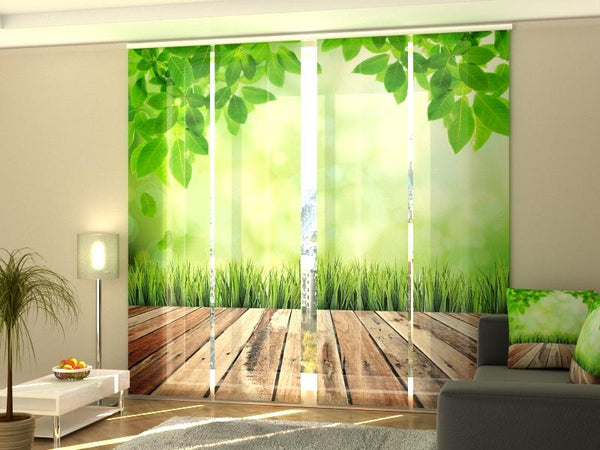 Set di 4 Tende a Pannello Passerella di Legno verso la Natura