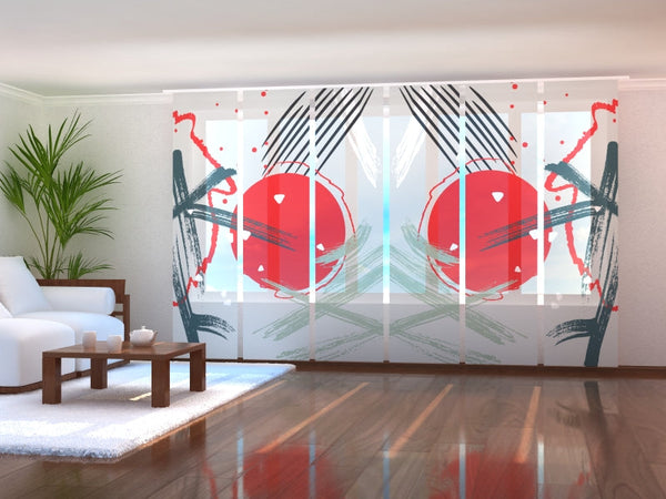 Set di 6 Tende a Pannello Sole Rosso Astratto Cinese