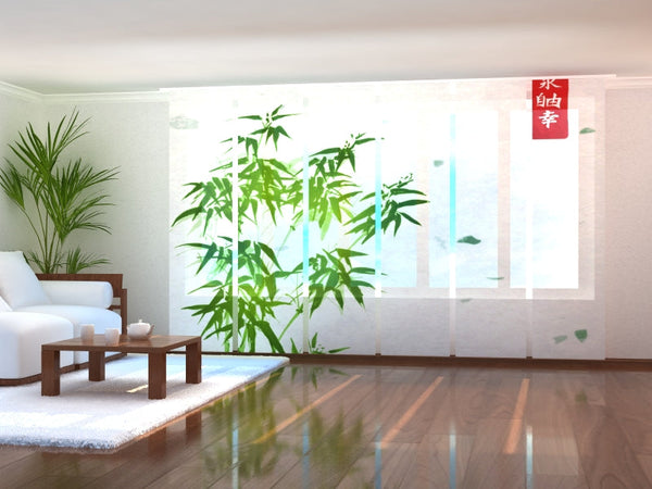 Set di 6 Tende a Pannello Acquerello di Bambù Verde Giapponese