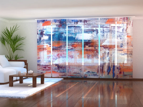 Set di 6 Tende a Pannello Pittura Astratta Arancione e Blu