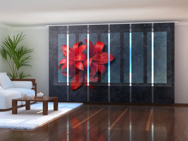 Set di 6 Tende a Pannello Gigli Rossi su Pietra