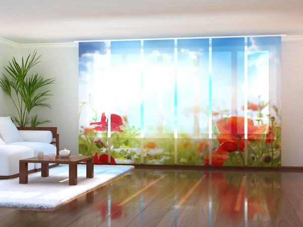 Set di 6 Tende a Pannello Papaveri Rossi e Cielo Blu