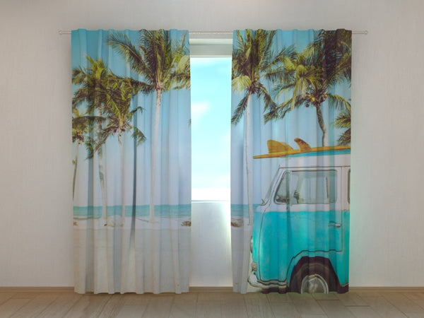 Foto Tende con Stampa Auto d'Epoca sulla Spiaggia Tropicale